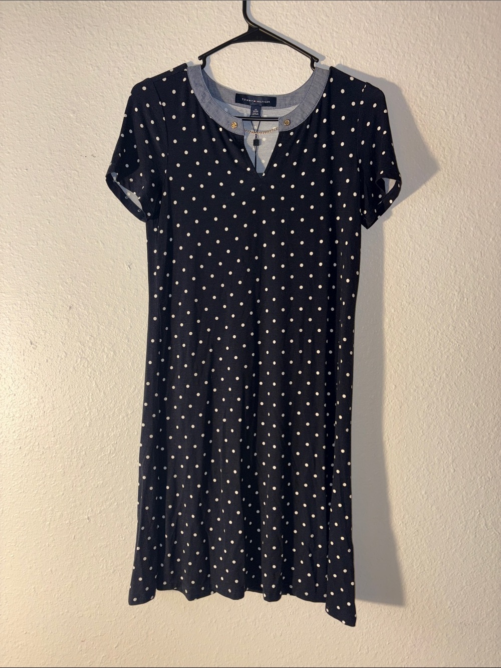 Tommy Hilfiger Navy and White Polka Dot Shirt with Chambray Trim